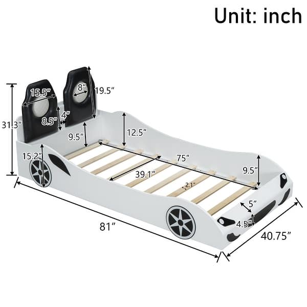 dimension image slide 1 of 3, Wood Twin Size Race Car-Shaped Kids Platform Bed with LED and Upholstered Backrest, Bedroom Floor Bed Wood Frame for Kids Teens