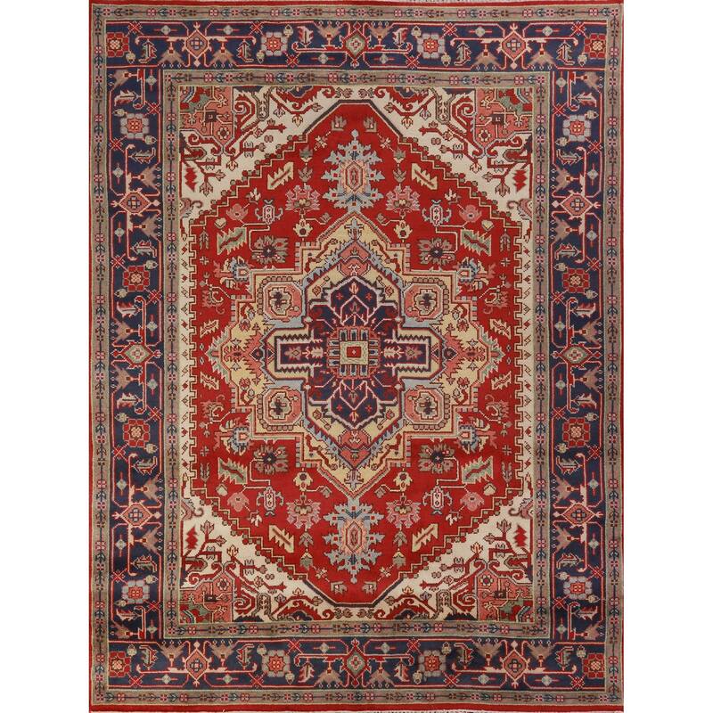 Hand Knotted Oriental 100% Wool Carpet Traditional Medallion Red Heriz (serapi) Area Rug - 9' 11'' X 7' 10''