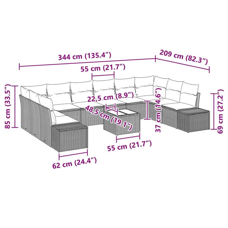 vidaXL 11 Piece Garden Sofa Set with Cushions - 135.4×82.3×27.2