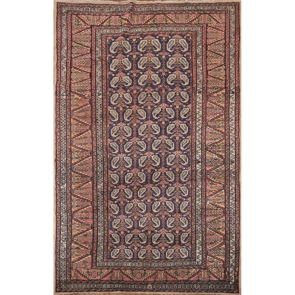 All-Over Bokhara Oriental Foyer Rug Handmade Wool Carpet - 4'1" x 6'2"