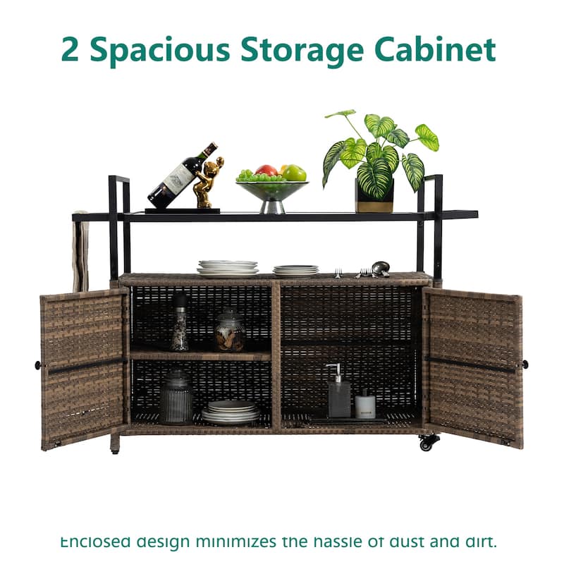 Portable Wicker Outdoor Bar Cart w/Wheels and Storage Cabinet