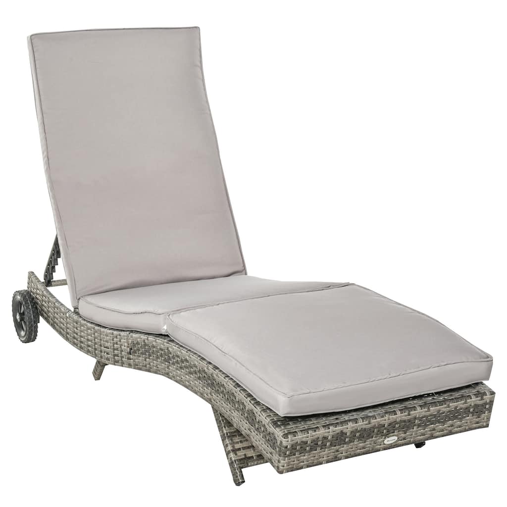 Outsunny Chaise Lounge Pool Chair, Outdoor PE Rattan Cushioned Patio Sun Lounger with Adjustable Backrest and Wheels