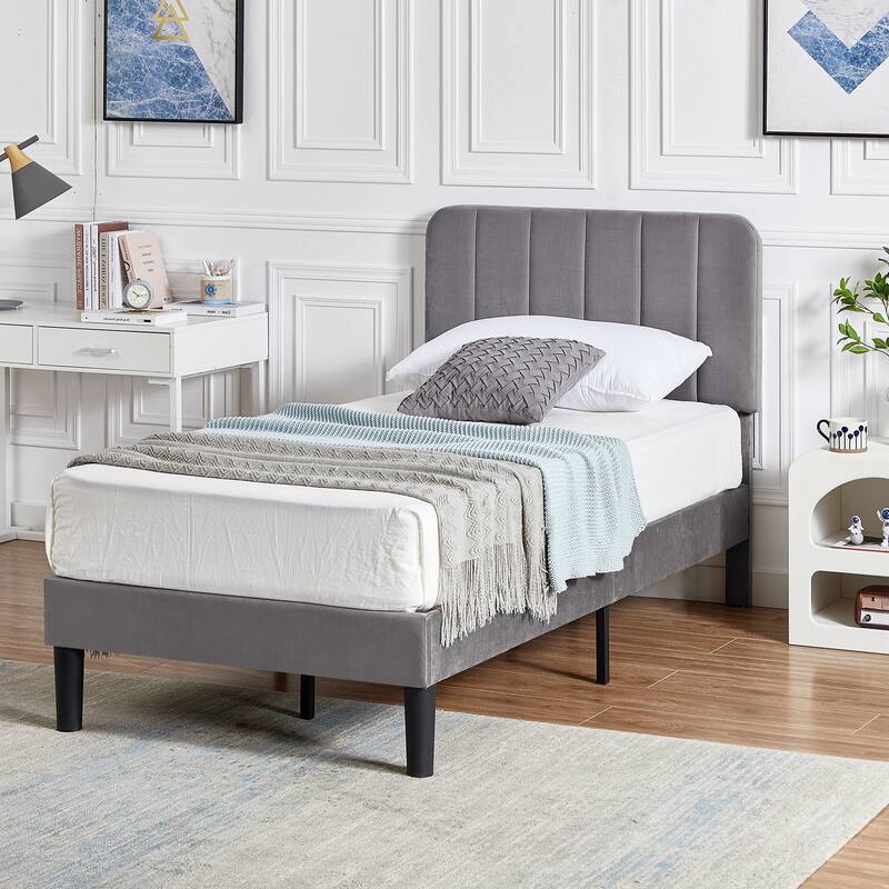 Kids Bed Frame, Height Adjustable Upholstered Bed, Twin Size Bed Set of 2