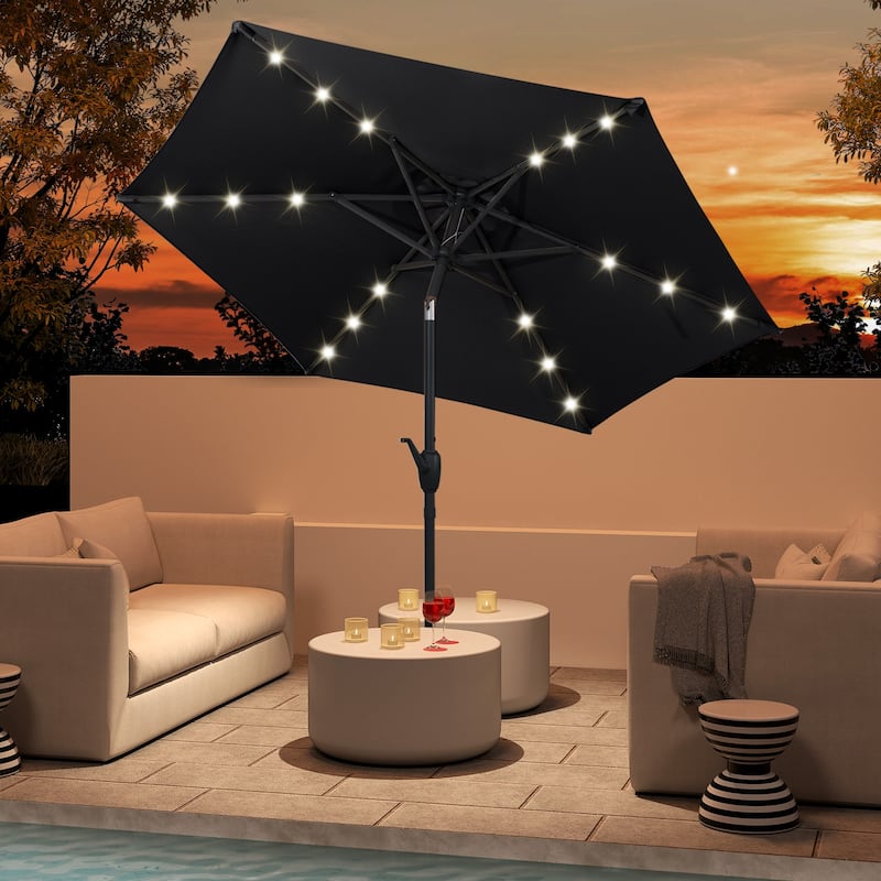 Costway 7.5 ft Solar Powered Patio Umbrella with LED Lights Push - Black