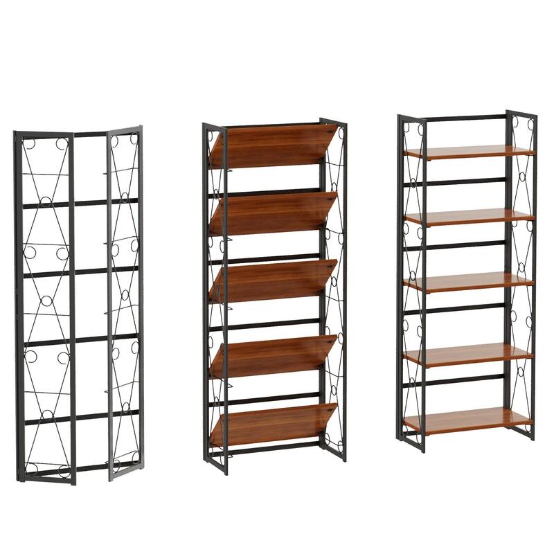 VECELO 62" Foldable 5-Tier Bookshelf Space Saving Tall Open Bookcase with MDF Shelves for Living Room Home Office Kitchen