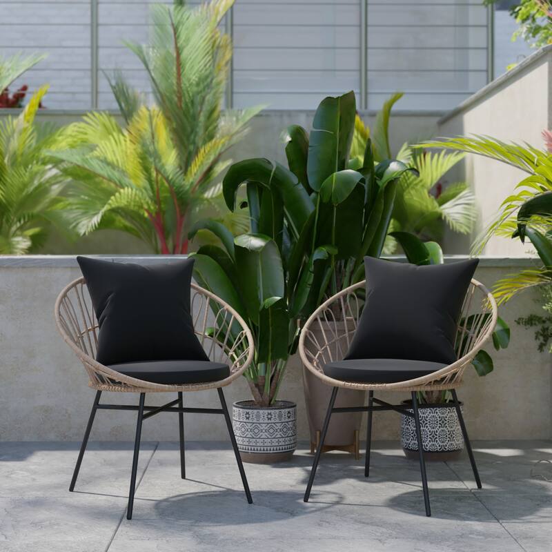 Indoor/Outdoor Boho Rattan Rope Chairs with Back & Seat Cushions - Tan/Black