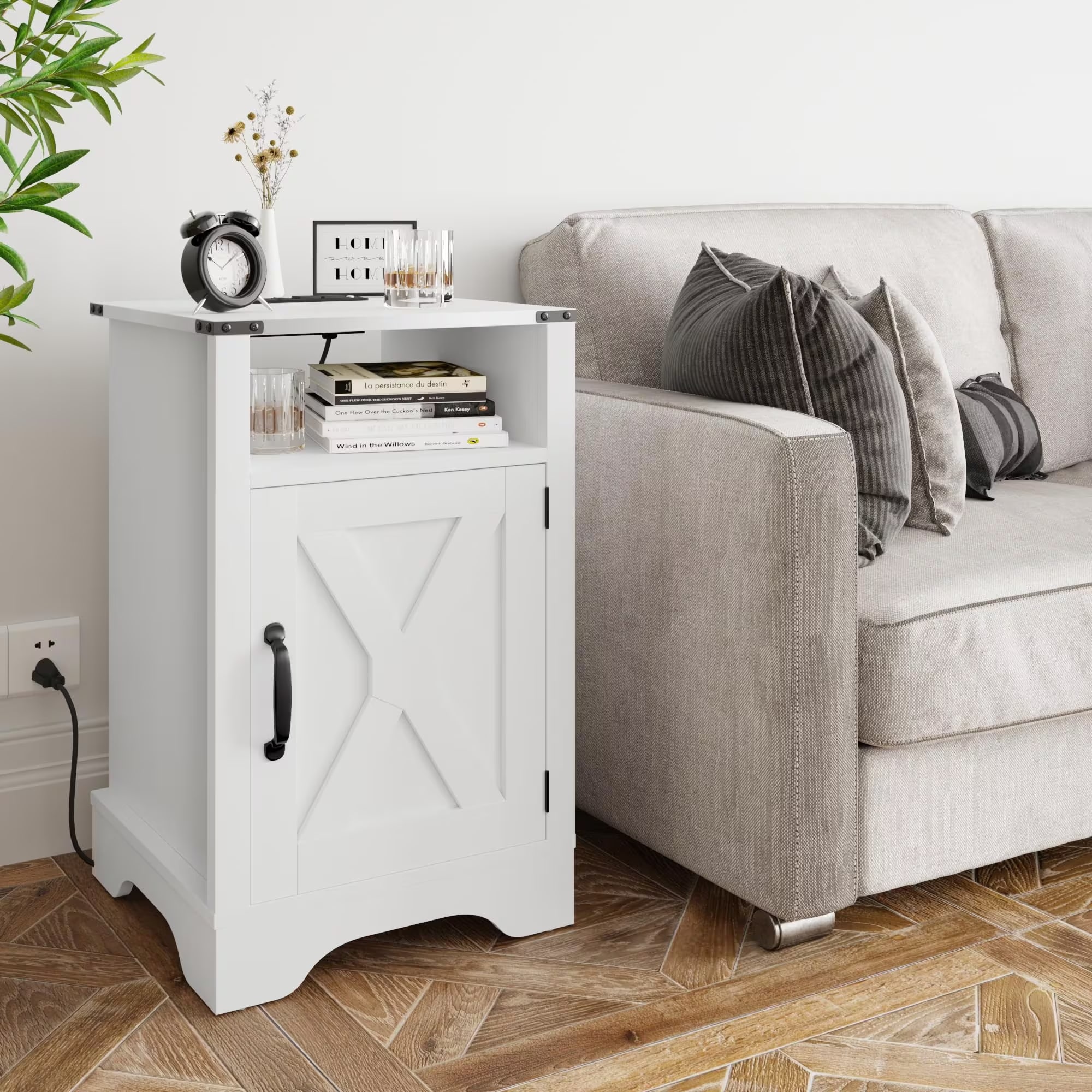 White Farmhouse Nightstand with Charging Station and Cabinet
