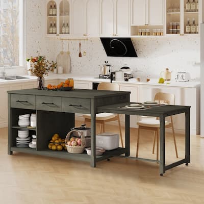 60"-98.7" Extendable Kitchen Island on Wheels with Drawers and Open Shelves and Built-In Power Outlets