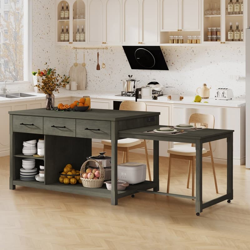 60"-98.7" Extendable Kitchen Island on Wheels with Drawers and Open Shelves and Built-In Power Outlets