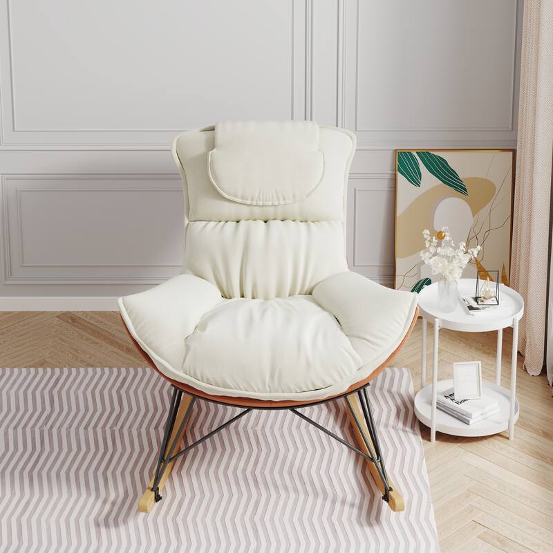 Lazy Rocking Chair with Detachable Cushion, Single Sofa Chair with Solid Wood Base, Glider Rocker with High Back