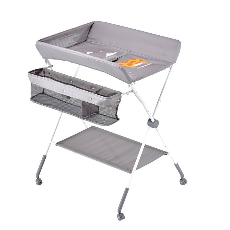 Oxford Fabric Kids Changing Table with Adjustable Height and Storage - 33.39 x 29.33 x (40.55-42.91) in - Light Grey