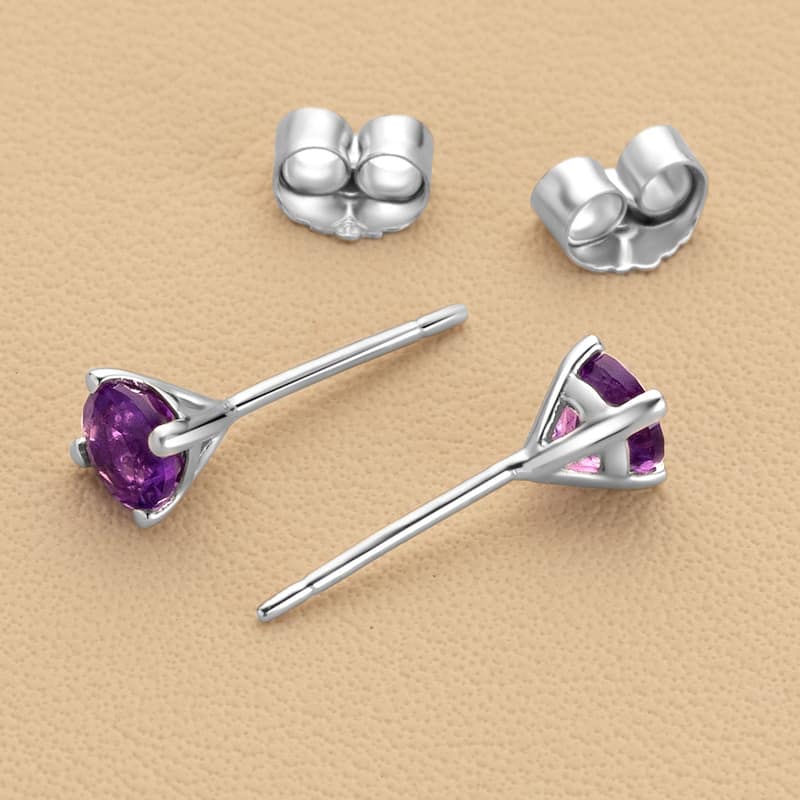 14k Gold 4mm Round Amethyst Solitaire Stud Earrings