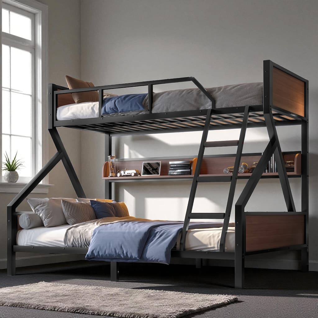 Twin XL over Queen Metal Bunk Bed with Storage Shelves and LED Lights, Space-Saving Noise-Free Design