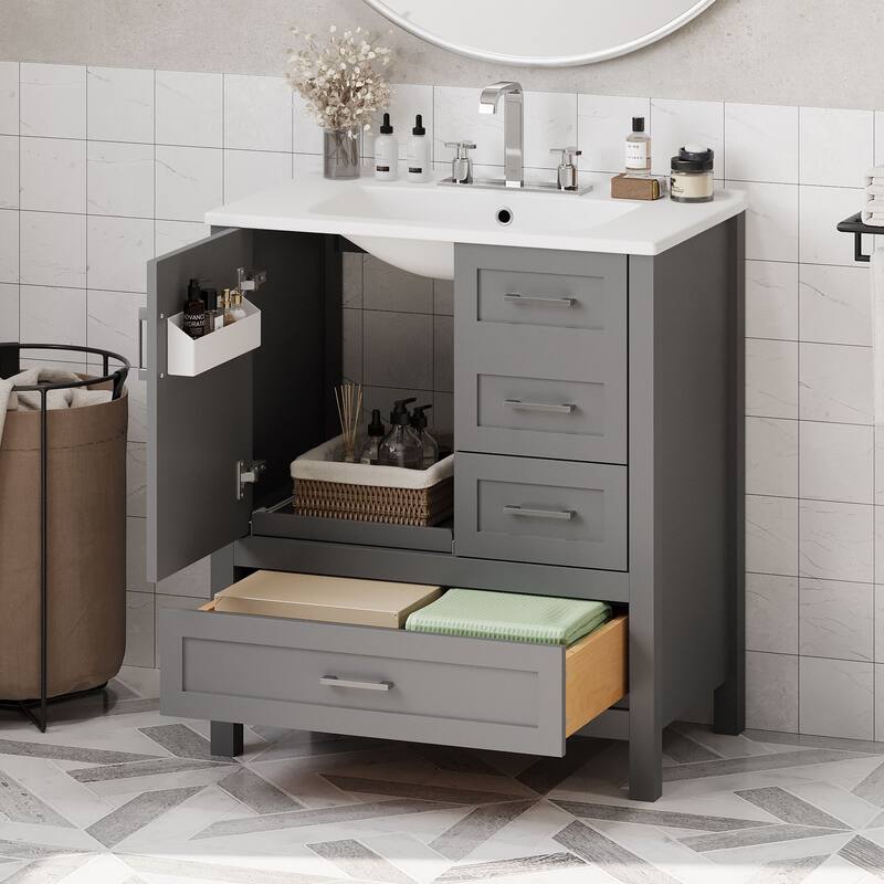 Modern 30-Inch Bathroom Vanity with Solid Wood Frame, Storage Cabinet & Soft-Close Features
