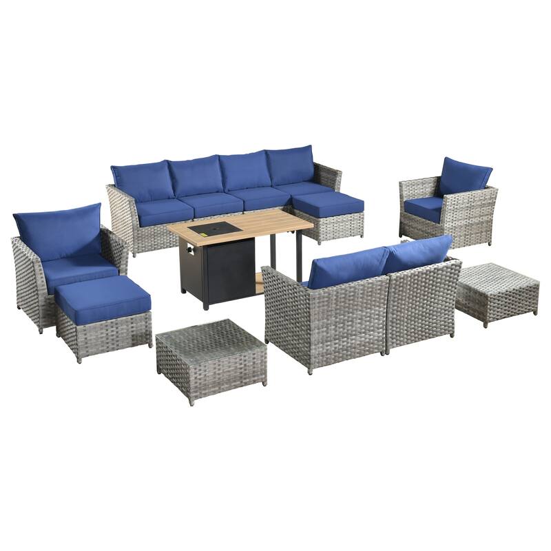 HOOOWOOO 13-piece Grey Wicker Rattan Patio Outdoor Sectional Set with Fire Pit