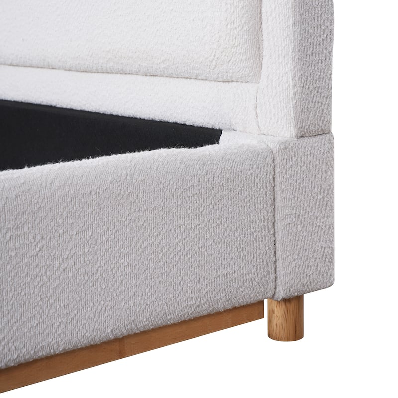 White Platform Bed Wingback Frame with Boucle Upholstered Curved Headboard, Solid Wood Base Low Profile Bed