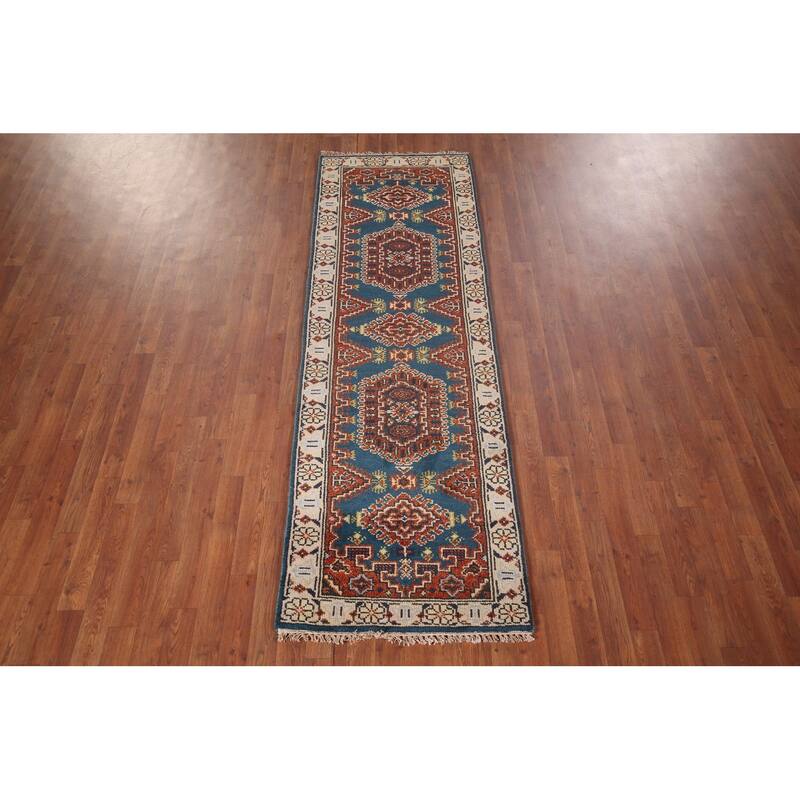 Blue Geometric Viss Oriental Runner Rug Handmade Wool Carpet - 2'6"x 7'10"
