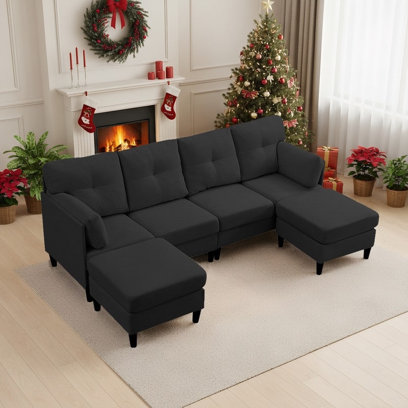 Mixoy W87"U-Shaped Sectional Couches,Velvet 4-Seater Convertible Sofa With Movable Storage Ottomans - W87''*D51.2''*H33.5'' - Black