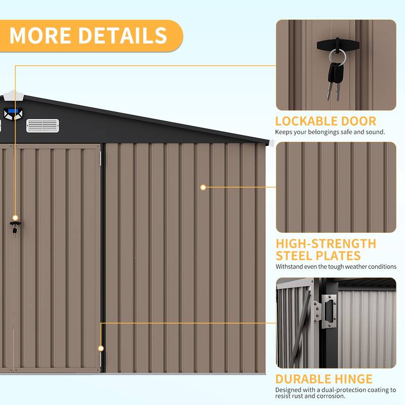 10x12FT Outdoor Metal Storage Shed with Lockable Door, Vents, Windows & Solar Light