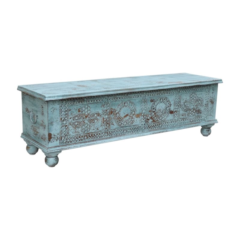 HomeRoots 54" Aqua Carved And Distressed Solid Wood Lift Top Coffee Table - 54 in. x 16 in. x 18 in.