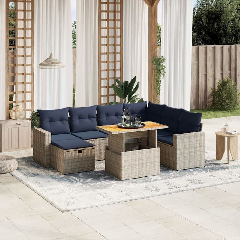vidaXL Patio Sofa Set with Cushions Outdoor Furniture 8 Piece Poly Rattan - 24.4 x 24.4 x 27.2 - Grey+Blue-3 middle+corner+2 Sofa+footrest+Table