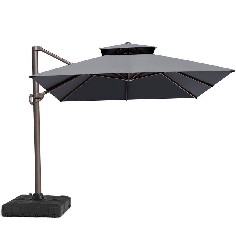 10X12.5 FT Outdoor Dual Top Patio Offset Umbrella 360 degrees Rotation with Base - Dark Grey