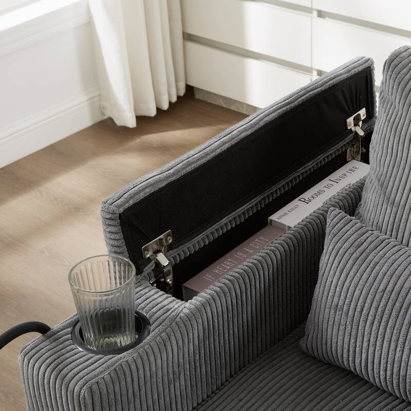 Corduroy Convertible Lounge Chaise with USB Ports, Cup Holders and Storage