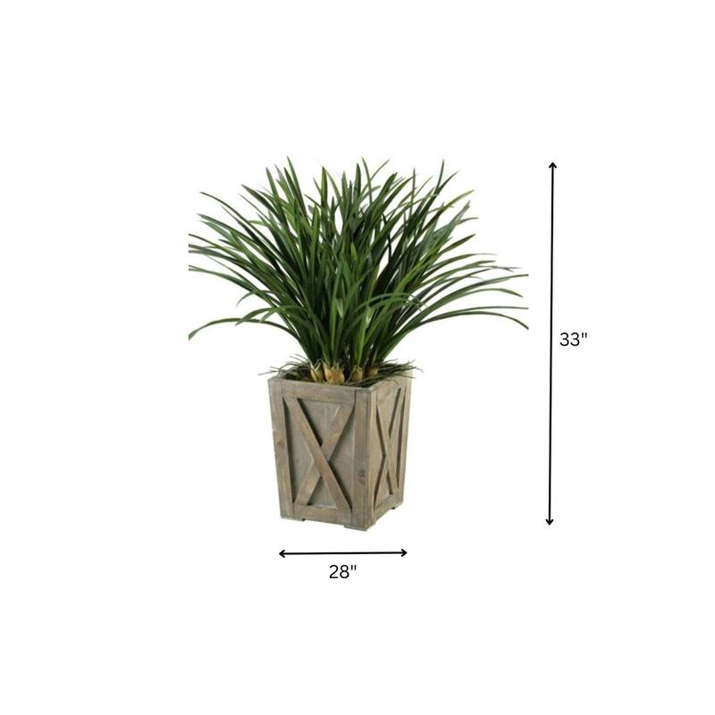 HomeStock Green Areca Grass in Weathered Wooden Planter Box - Decorative Faux Grass for Rustic Flair - 33