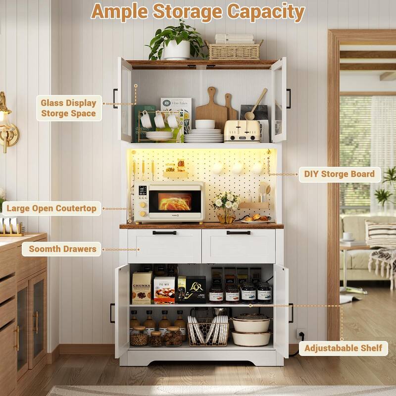 71" Kitchen Pantry Storage Cabinet with LED Light & Power Outlet, Freestanding Buffet Cabinet with Microwave Stand and Doors