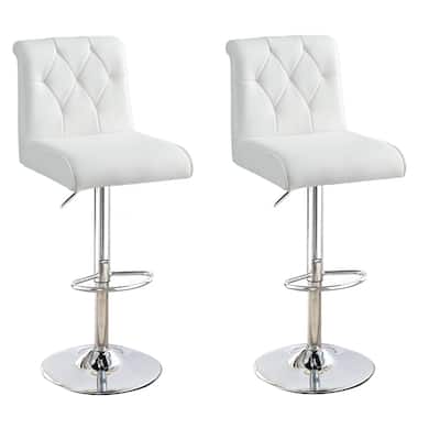 Adjustable Barstool with Rolled Button Tufted Back, Set of 2, White