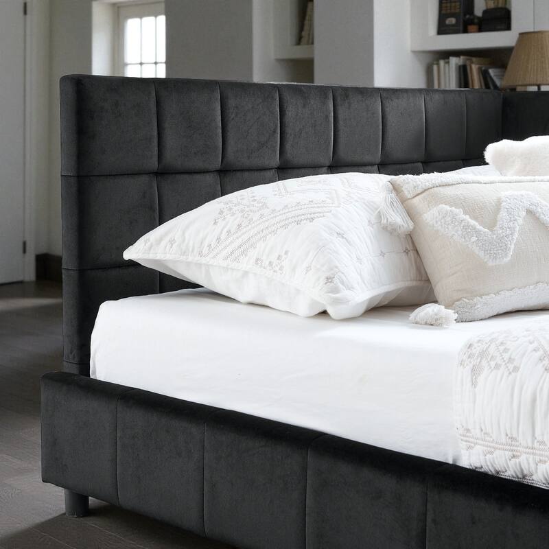 Full Size Velvet Upholstered Tufted Daybed Frame with Backrest and Armrest, Mid-Century Sofa Bed for Bedroom or Living Room