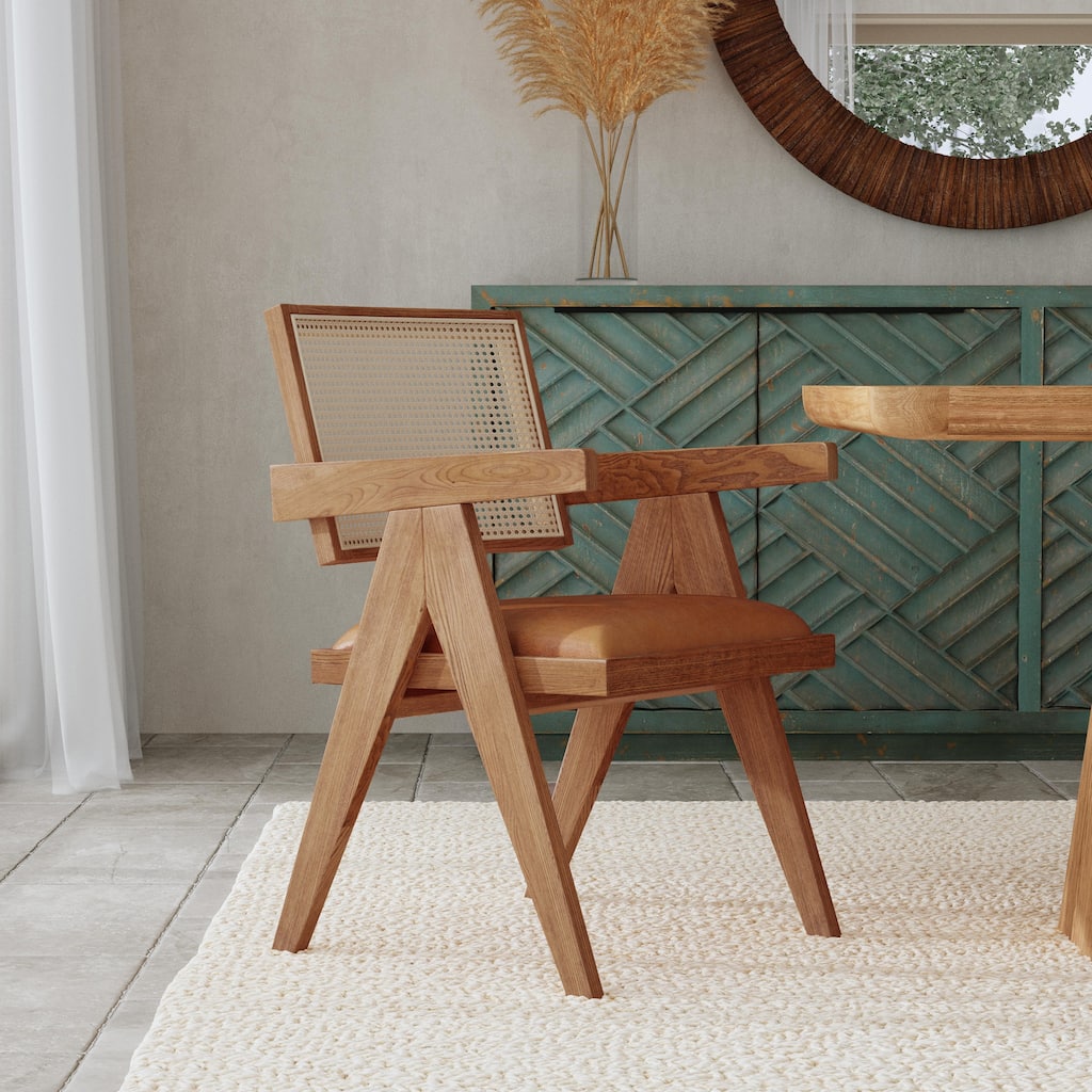 Classic Home Douglas Leather & Rattan Dining Chair in Tan