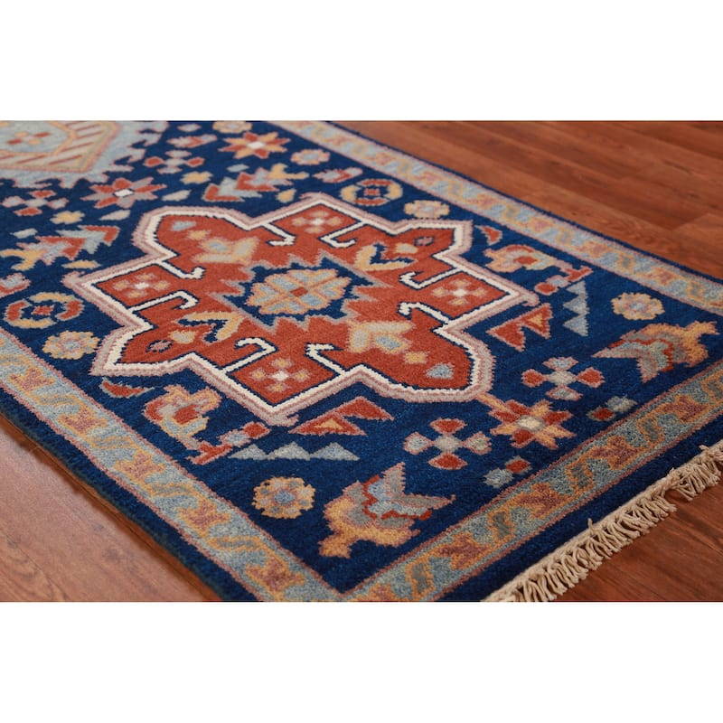 Hand Knotted Oriental 100% Wool Carpet Traditional Geometric Navy Blue & Blues Kazak Runner Rug - 7' 9'' X 2' 7''