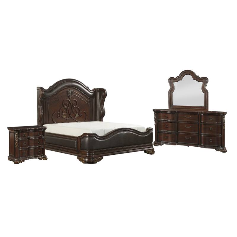 Rise 4 Piece Queen Bedroom Set, Arched Wing Design, Leatherette Padding, Brown