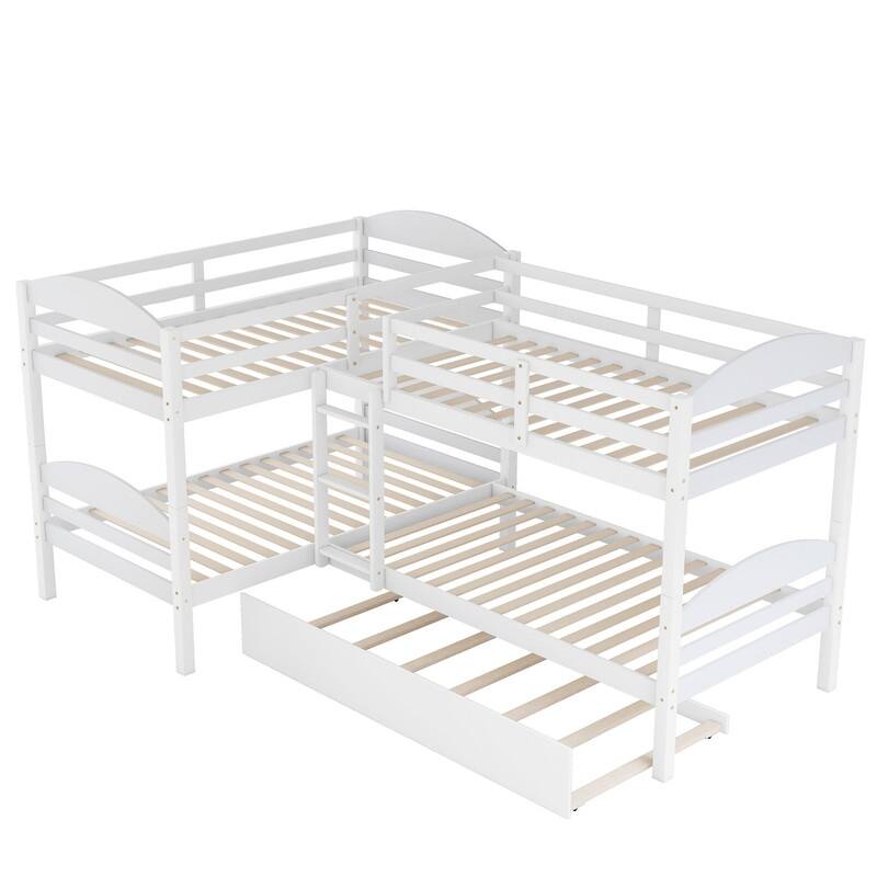 Quad Bunk Bed with Trundle, L Shaped Bunk Bed for 4 Kids, Wooden Twin