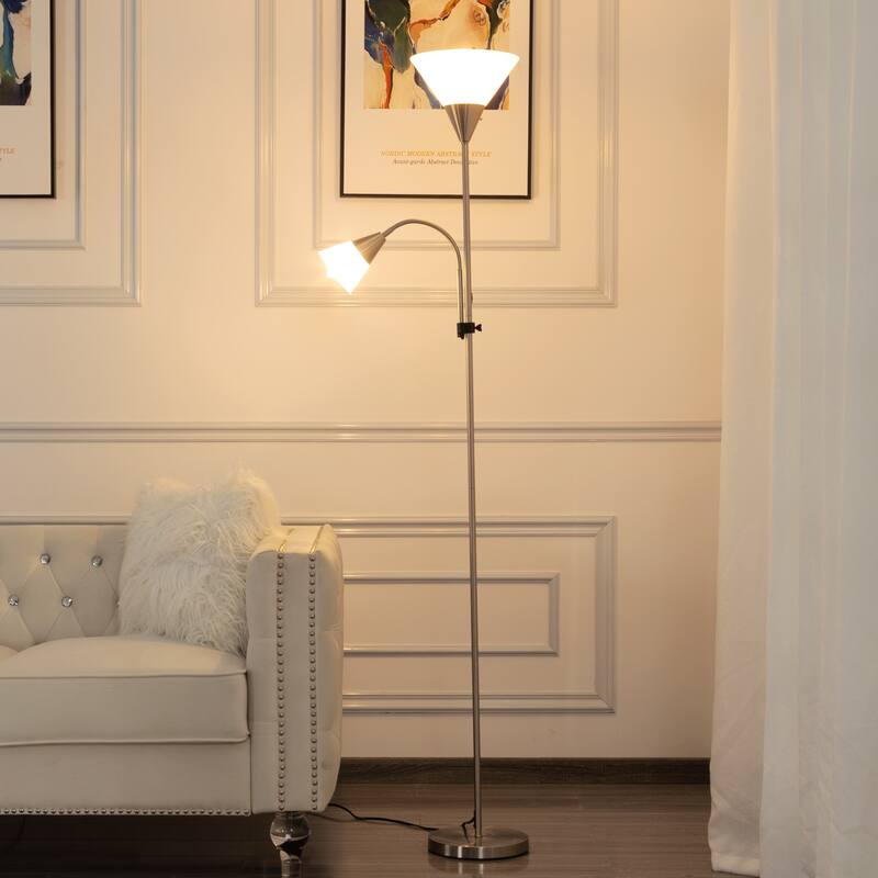 71.3" Tall Standing LED Floor Lamp with Shade - Adjustable Brightness - Nickel+Metal