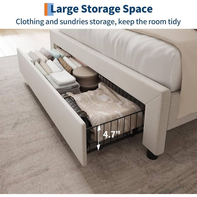 Upholstered Platform Beds with Drawers, Storage Headboard, Charging Station, Beige