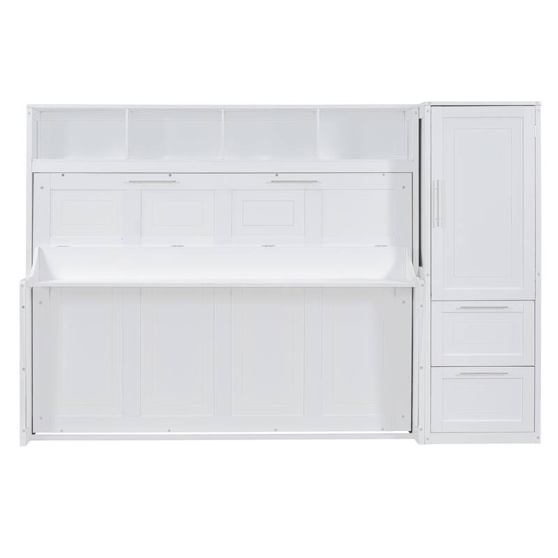 Murphy Bed with Storage and Closet, Full Size Wall Bed with Flip-Up Design, Customizable Configuration, White or Gray