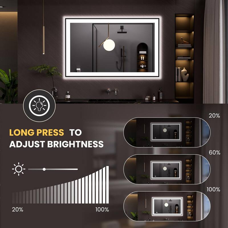 48x30 Smart LED Bathroom Mirror with Anti Fog Dimmable Lighting White Tempered Glass