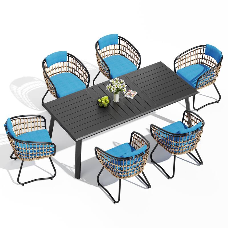 7/9/11-Piece Set Outdoor Aluminum Dining Table with Umbrella Hole and PE Rattan Chairs