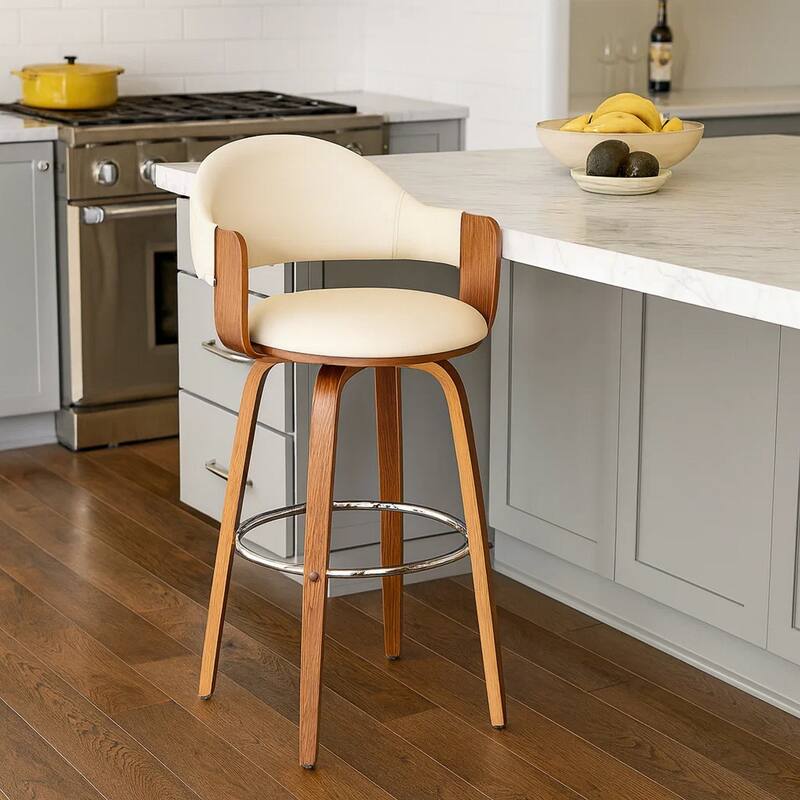 26 Inch Leatherette Barstool with Curved Back, Cream and Brown