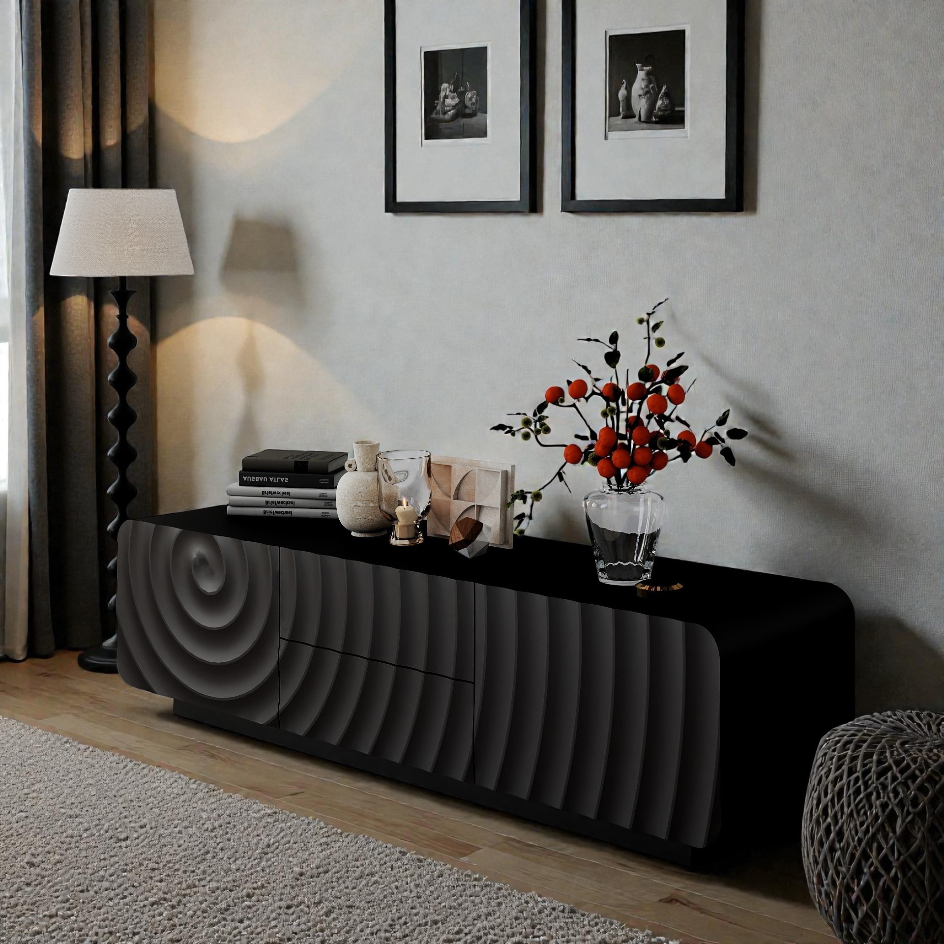 58 Inch Modern TV Stand with Spiral Wave Design, Storage Cabinet and Drawers, Media Console for Living Room