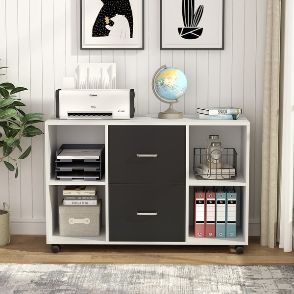 Lateral File Cabinet with 2 Dawers and Sheves, Filing Cabinet with Wheels. Opens flyout.