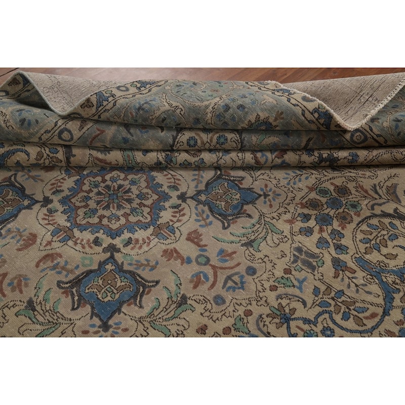 Floral Medallion Tabriz Persian Area Rug Beige Handmade Wool Carpet - 9'7"x 12'9"