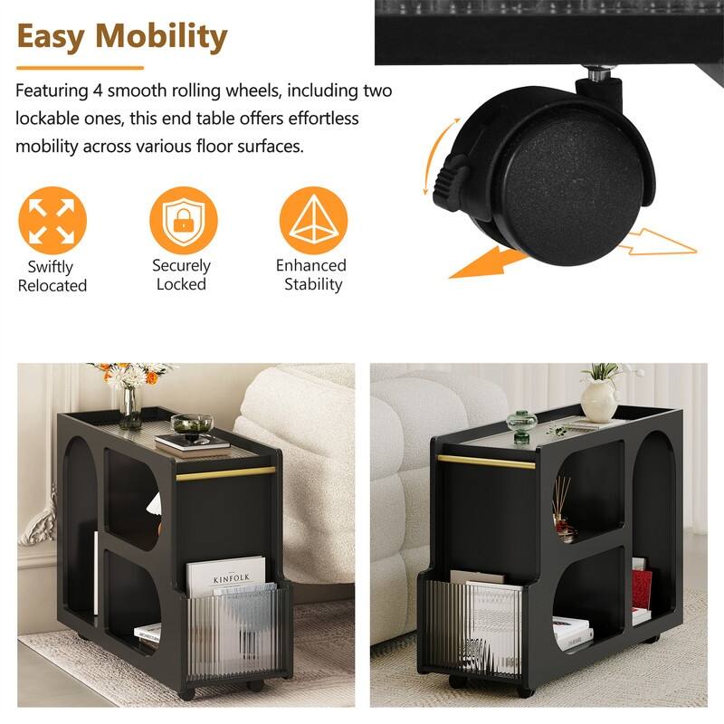 Mobile End Table with Thick Fluted Tempered Glass, Narrow Side Table with Lockable Wheels and Open Storage Compartments