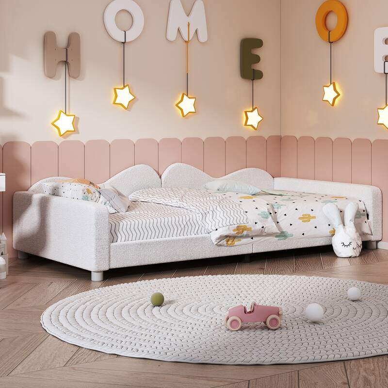 Twin size Upholstered Daybed, Sherpa Fabric Sofabed with Cloud-Shaped Backrest, No Box-spring Needed