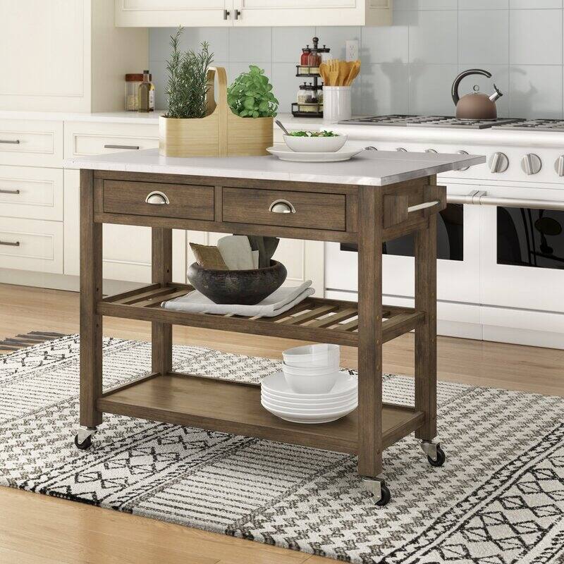 Firebranch Wood and Stainless Steel Drop Leaf Kitchen Cart - Kitchen Cart - Stainless Steel - Brown