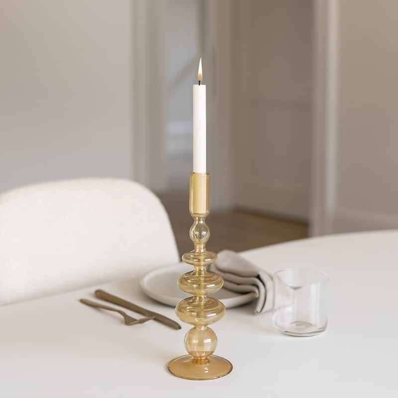 Sculptural Glass Candle Holder with Rounded Accent Base - Modern Tabletop Candle Holder for Any Room - 4" x 4" x 11" - Gold