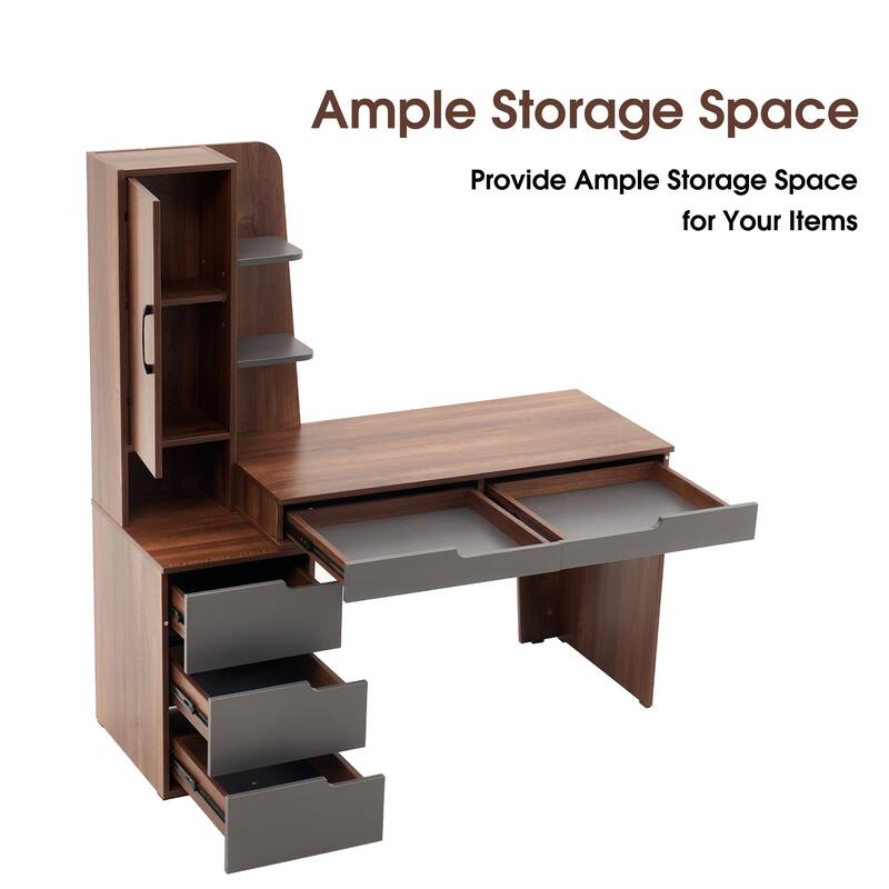 Ivinta Computer Desk with Drawers Storage Shelves, Modern Study Writing Table with Storage Cabinet for Home Office