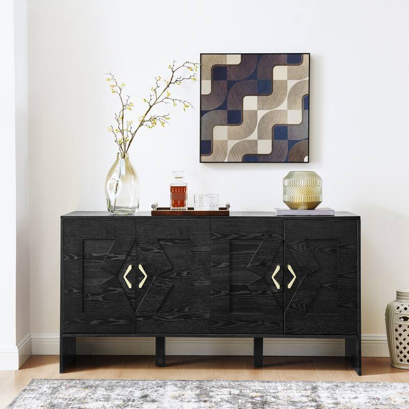 60" Modern Sideboard Buffet Cabinet with Storage, TV Media Console, Storage Cabinet with Geometric Pattern & Adjustable Shelves - Black